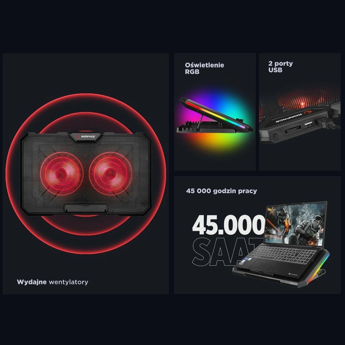 Mbajtës ftohës për laptop Rampage AD-RC12 GameZone, 2x120mm, RGB, 2x USB 2.0, 15-17\", i zi, me kabllo USB