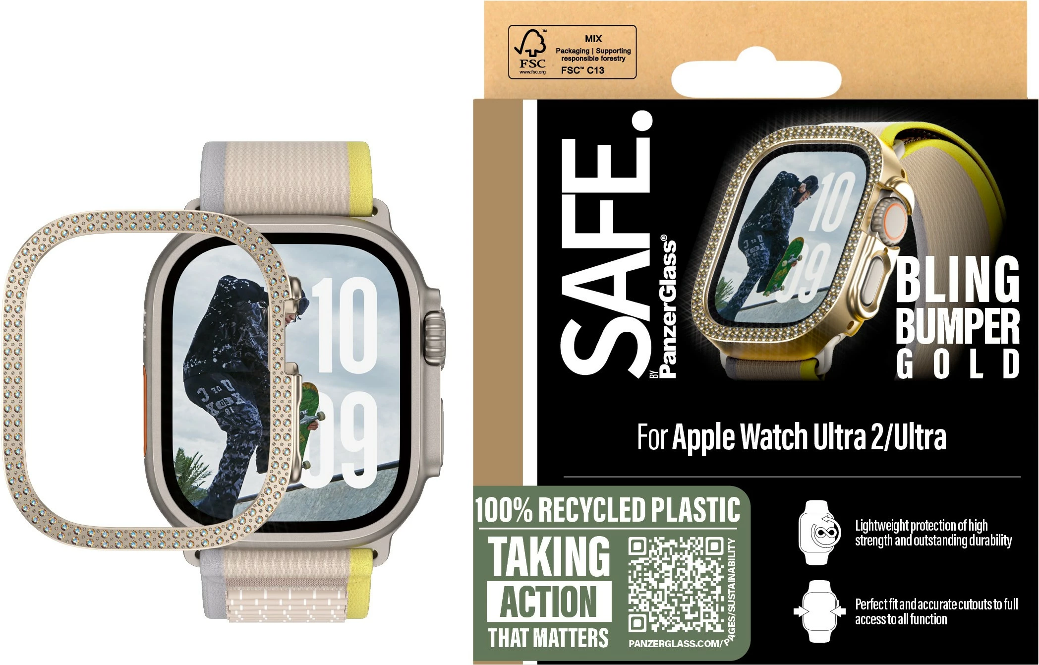 Mbështjellës PanzerGlass SAFE Bling Bumper për Apple Watch Ultra 2, transparent gold