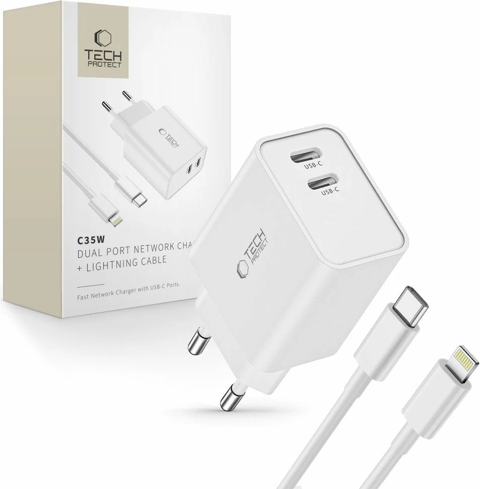 Karikues muri Tech-Protect C35W me 2 porta USB-C PD 35W dhe kabllo USB-C në Lightning, Bardhë