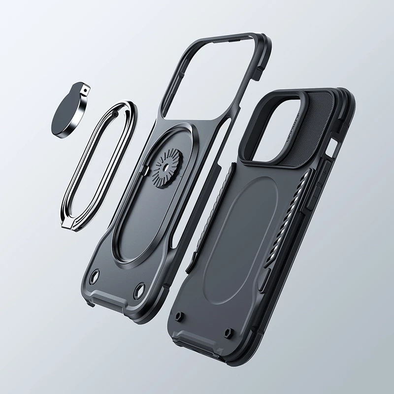 Mbështjellës Joyroom Dual Hinge për iPhone 14 Pro, me mbajtëse dhe unazë, i zi