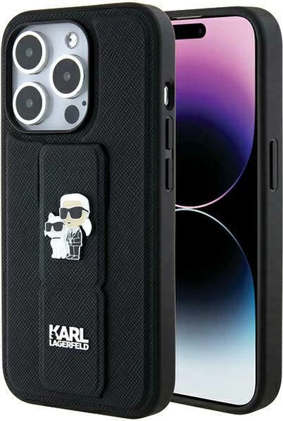Mbështjellës Karl Lagerfeld Gripstand Saffiano Karl&Choupette Pins për iPhone 13 Pro/13, i zi