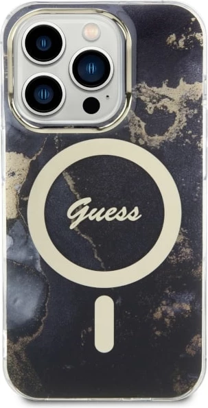Mbështjellës Guess GUHMP14XHTMRSK për iPhone 14 Pro Max 6.7", Golden Marble, MagSafe, zi