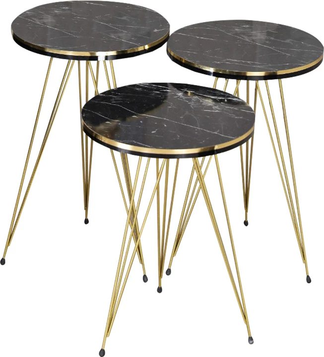 Tavolina anësore Wakmi set 3 copë mermer i zi melaminë-metal i artë