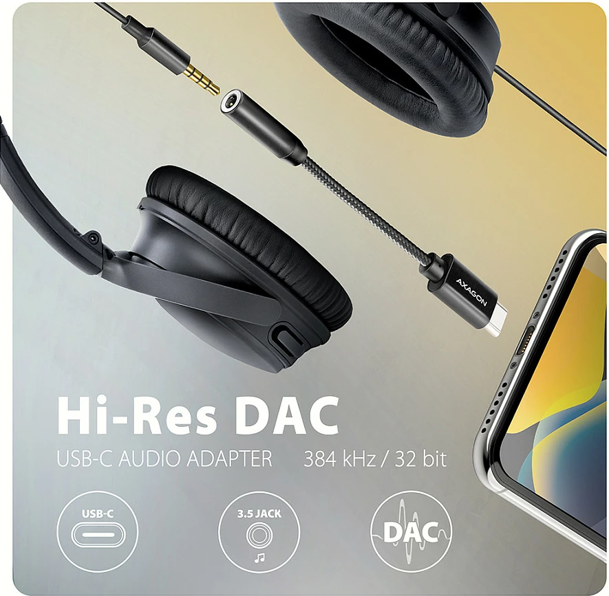 Adapter audio USB-C Axagon ADA-HC, 3.5mm jack, Hi-Res DAC 32-bit/384kHz, i zi
