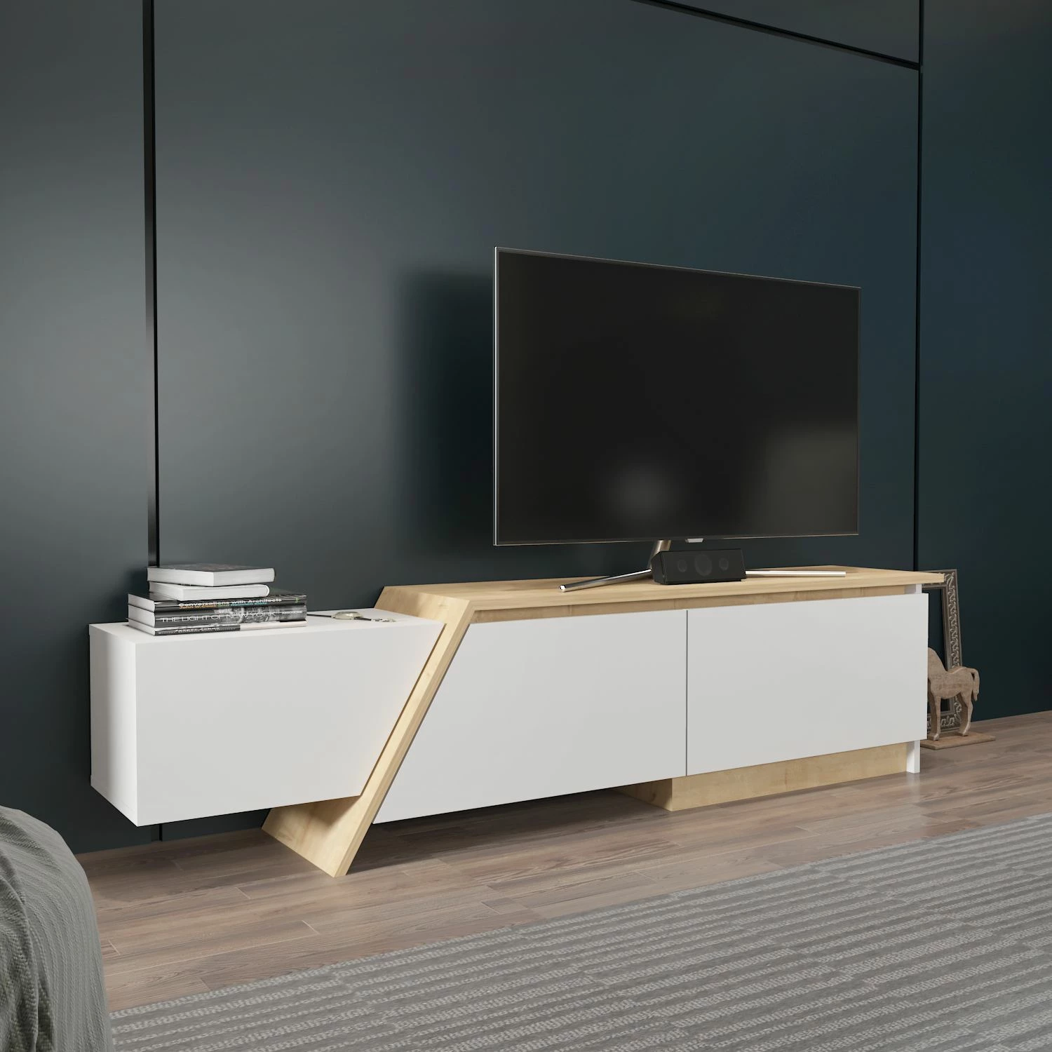 Komodë TV Skye Decor, Zonas, e bardhë dhe lis safir