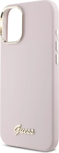 Mbështjellës Guess Silicone Script Metal Logo & Frame për iPhone 16 Plus, Rozë
