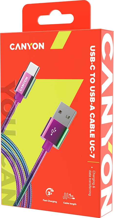 Kabl USB CANYON UC-7 A në C, 1.2 m, USB 2.0, 2.4A, Oil Slick