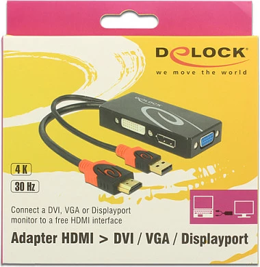 Kabllo adapter DeLOCK 62959, HDMI + USB në DVI-I/DisplayPort/VGA, 0.135 m, 4K 60 Hz, zi/kuqe