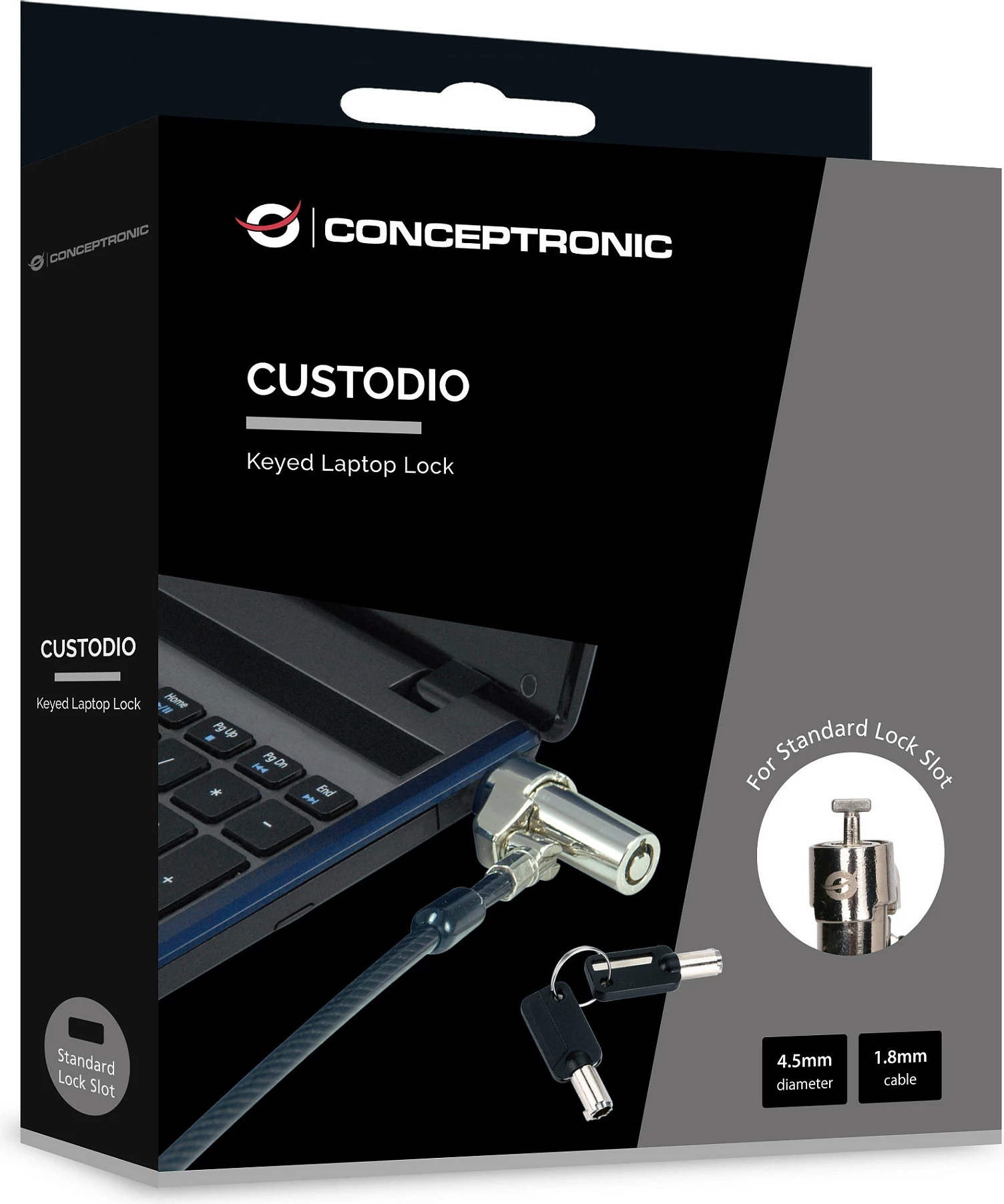 Kyç sigurie për laptop Conceptronic NBT, kabllo 1.8 m, 2 çelësa, e zezë