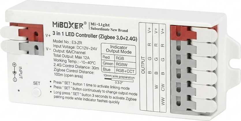 Kontroller LED Miboxer E3-ZR, 3n1 RGB/RGBW/RGB+CCT, Zigbee 3.0 + 2.4G, DC 12-24V, bardhë