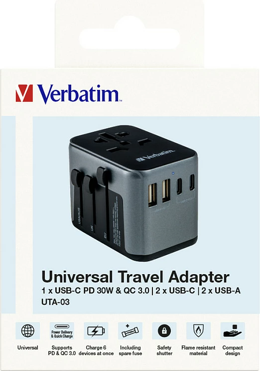 Adapter universal udhëtimi Verbatim UTA-03, 2x USB-A, 3x USB-C, 2500W, i zi