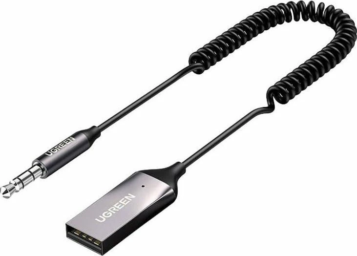 Adapter Bluetooth për veturë Ugreen 70601B, Bluetooth 5.0, AUX 3.5mm + USB, me mikrofon, 10 m, gri
