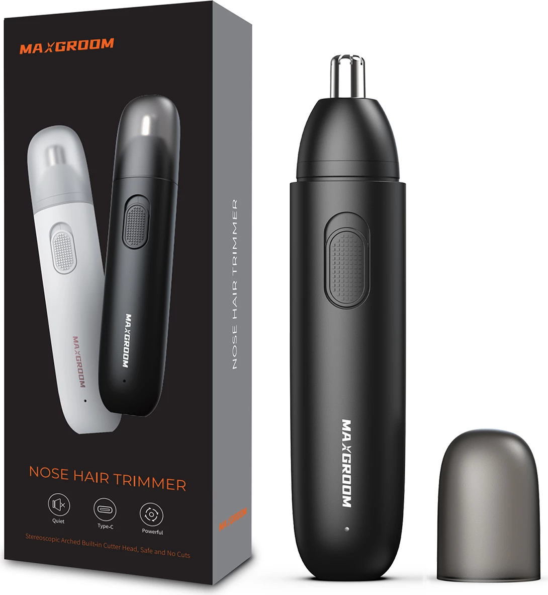 Trimer për hundë, veshë dhe vetulla MAXGROOM GT2220A, karikim USB-C, bateri 120 mAh, 8000 rpm, set me kabllo e kapak, i zi