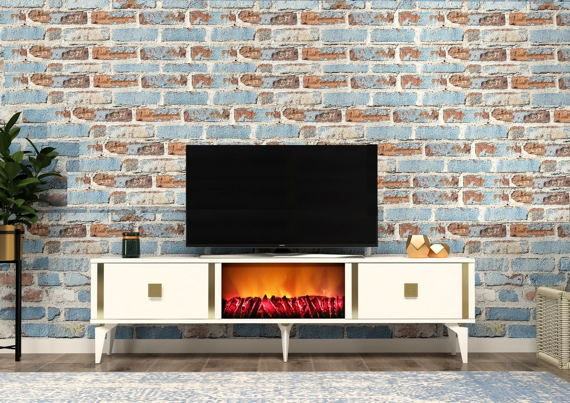 Komodë TV me oxhak elektrik, ngjyrë e bardhë dhe ari, Skye Decor, Doruk Fireplace