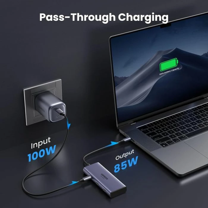 Hub USB-C UGREEN 15852 6-në-1, Dual HDMI 4K@60Hz, PD 100W, gri