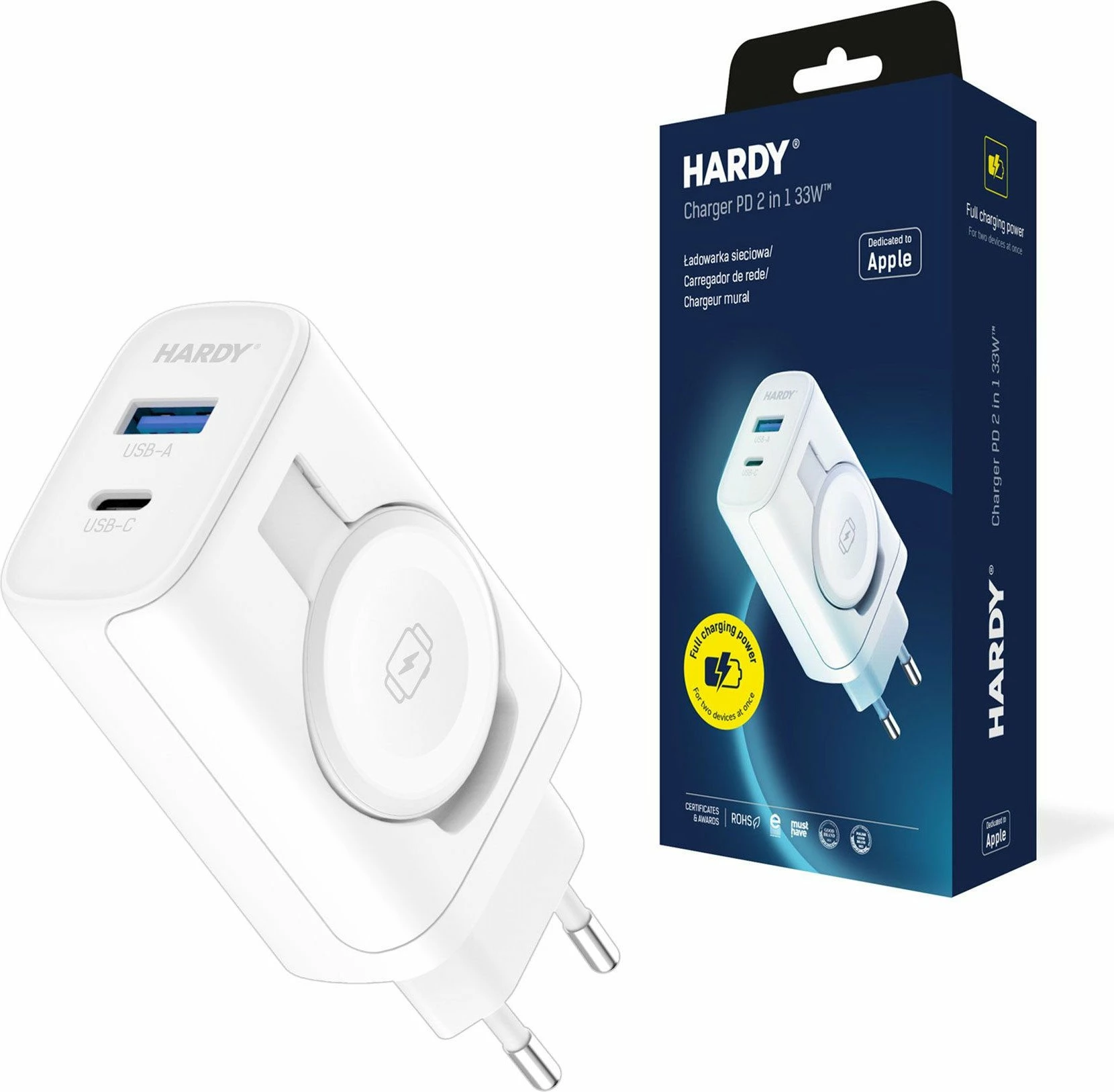Karikues rrjeti 3MK Hardy PD 2in1 33W, 1x USB-A + 1x USB-C + karikim induktiv për Apple Watch, i bardhë