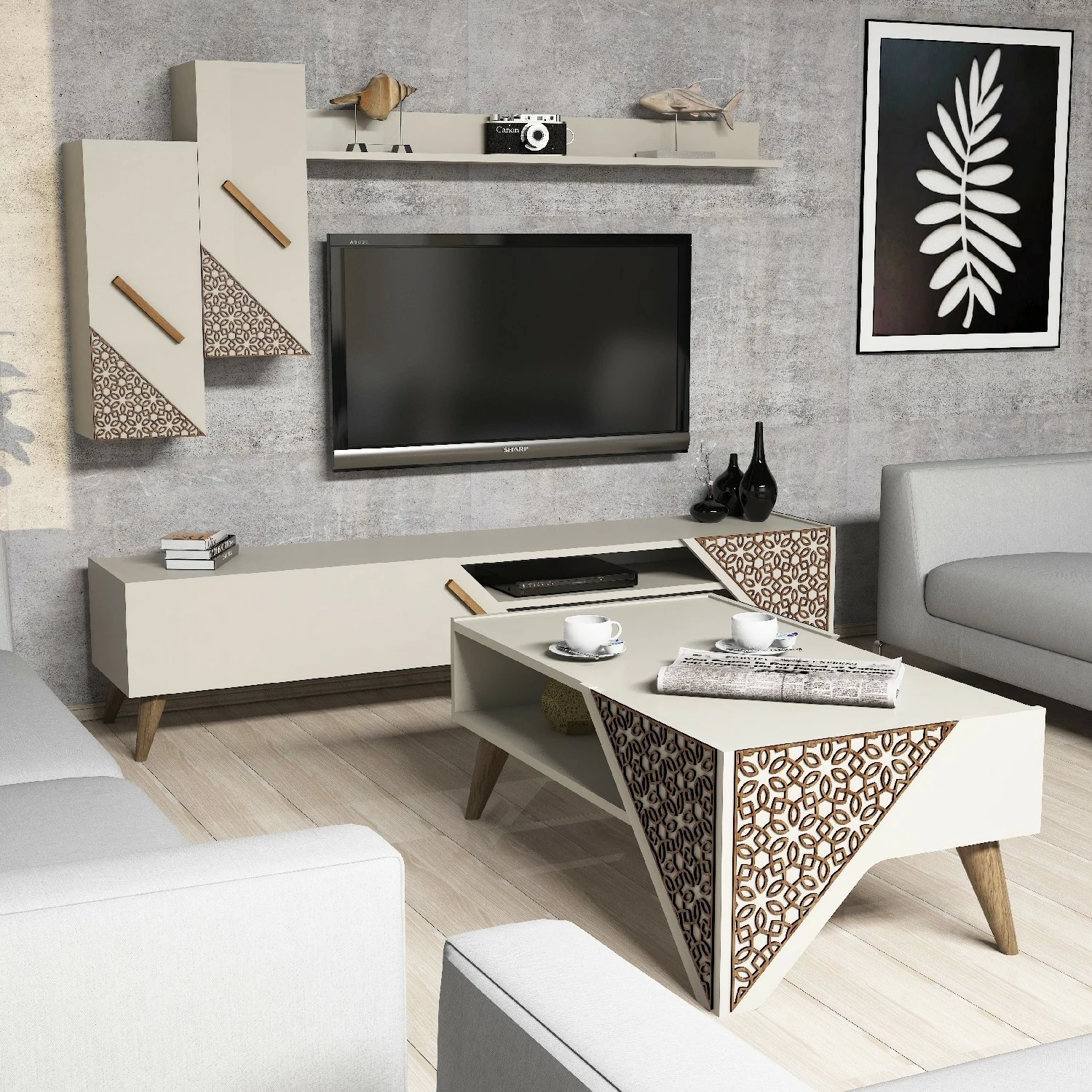 Set mobiljesh për dhomë dite, Beril, ngjyrë krem