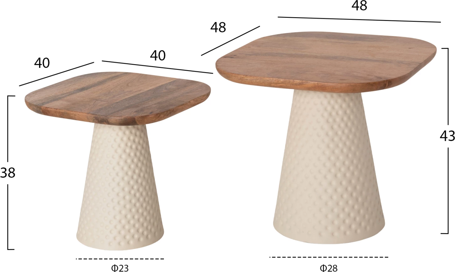 Tavolina kafeje 2 copë GOLFER, bazë metalike, ngjyrë fildishi, sipërfaqe mango katrore