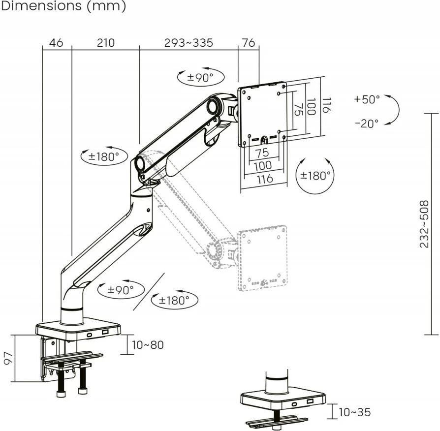 Mbajtës monitori tavoline, Digitus DA-90473, 1 krah me sustë mekanike, deri 49" 20 kg, VESA 75x75/100x100, me kapëse ose vrimë, i zi