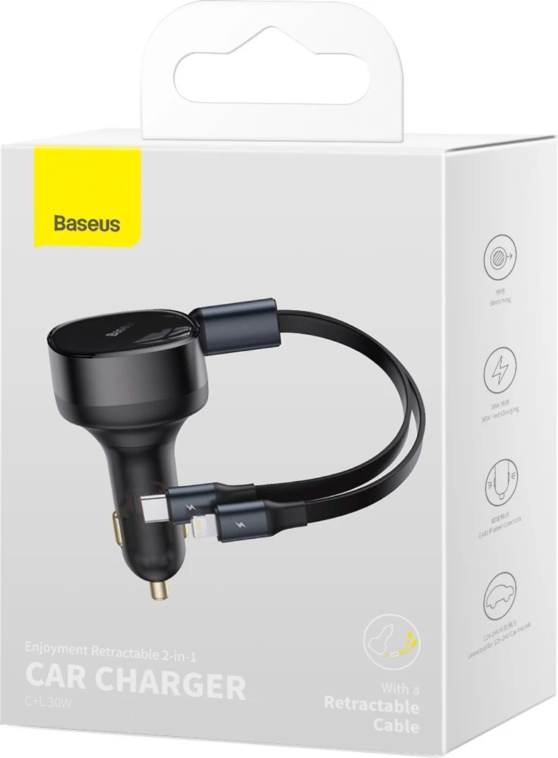 Karikues veture Baseus Enjoyment 2in1, 30W, me kabllo USB-C dhe Lightning, i zi