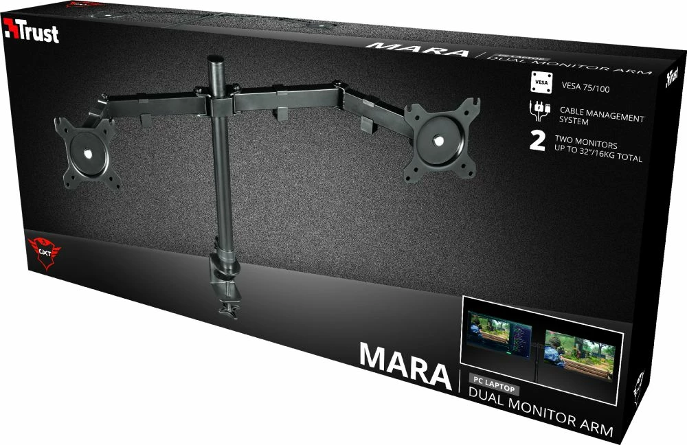 Mbajtës tavoline për 2 monitorë Trust GXT 1120 Mara Dual 23941 deri 32" VESA 75x75/100x100 max 16 kg i zi
