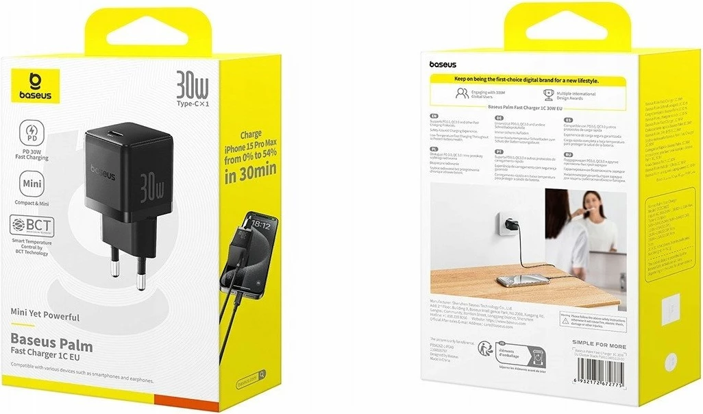 Karikues muri Baseus Palm 30W USB-C EU, i zi, 1 copë