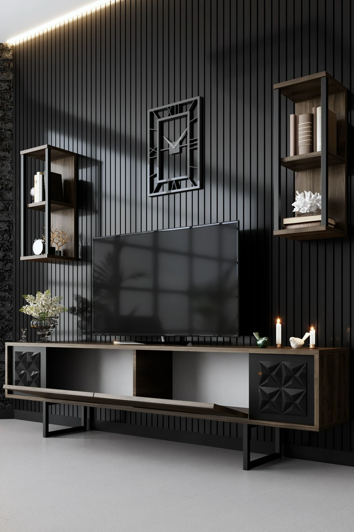 Njësi TV Hanah Home, vijë e zezë, ngjyrë arre, e zezë