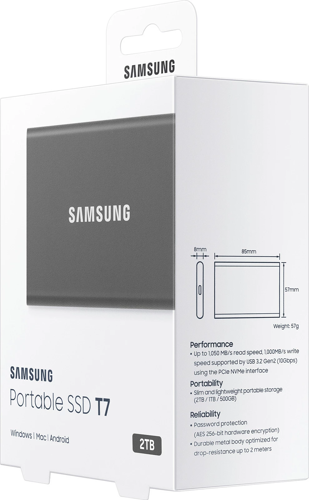 SSD portabël Samsung T7, 2 TB, USB Type-C, 3.2 Gen 2, Gri
