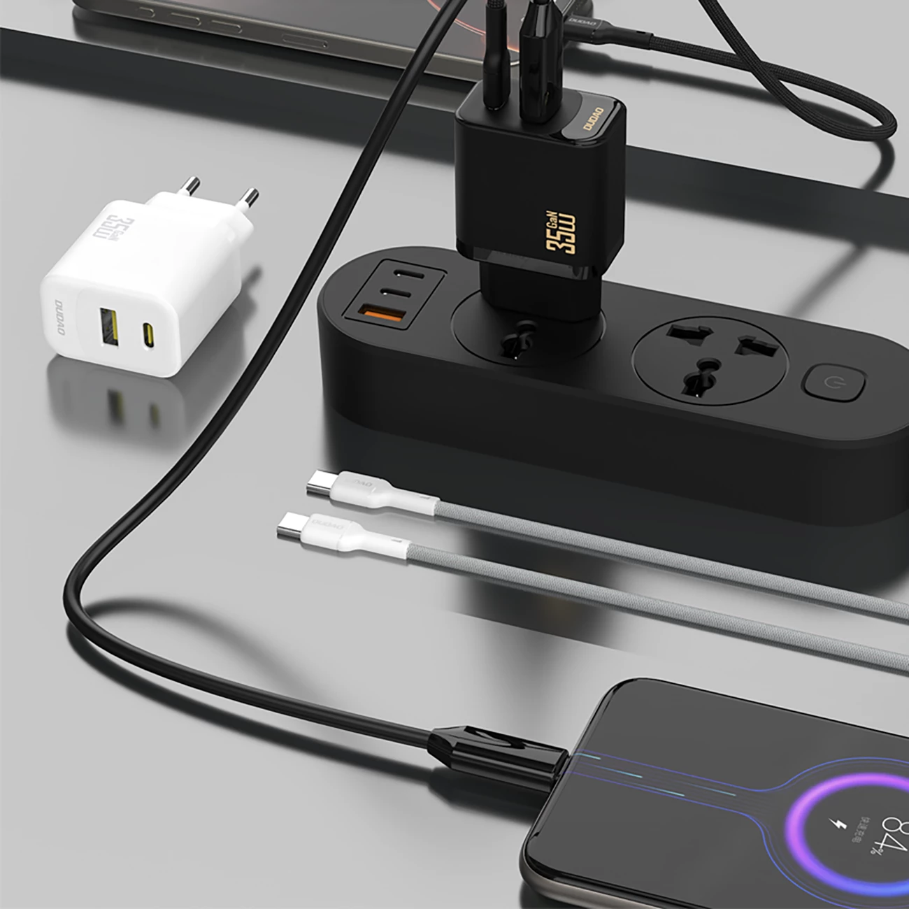 Karikues muri, Dudao A27MaxCEU, 35W PD/QC, 2 porta USB-C/USB-A, prizë EU, me kabllo USB-C 1 m, i bardhë