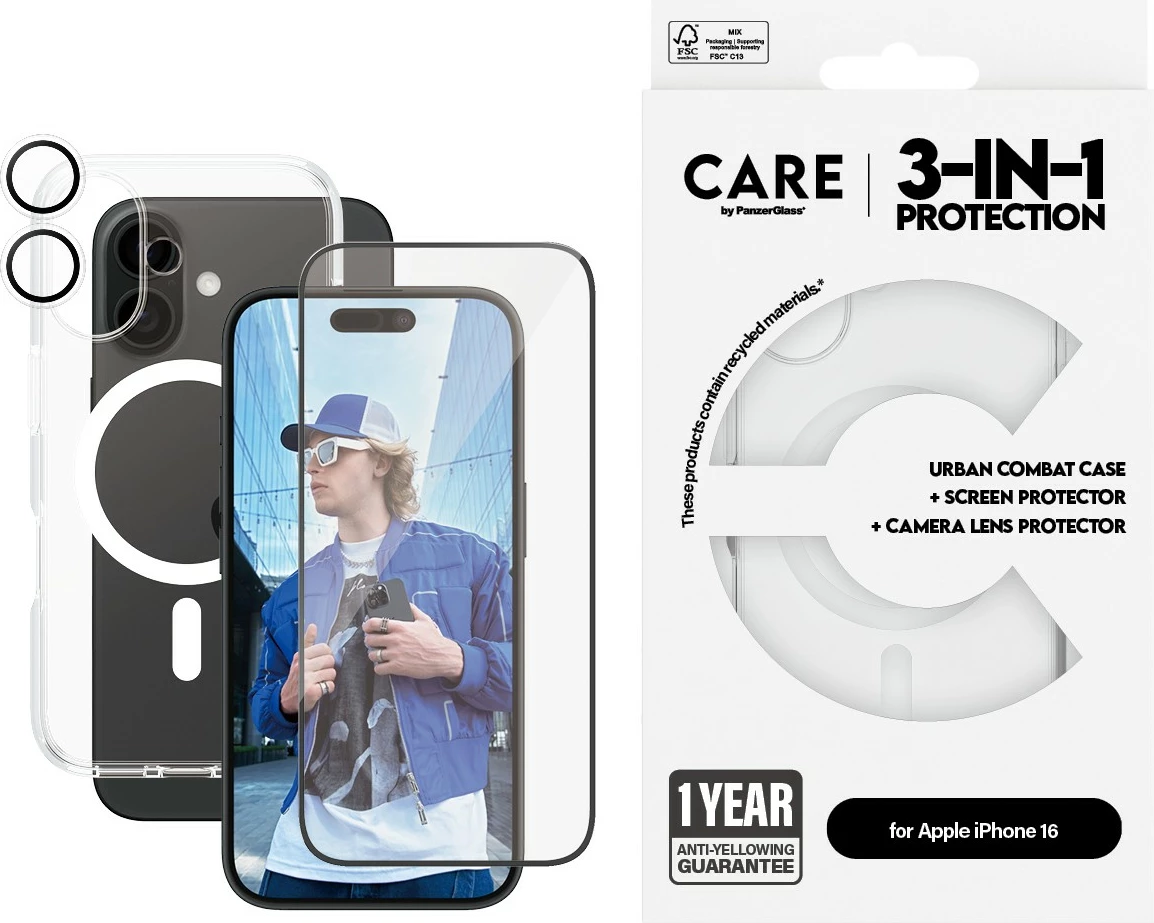 Mbështjellës PanzerGlass CARE Flagship 3-in-1 për iPhone 16, transparent