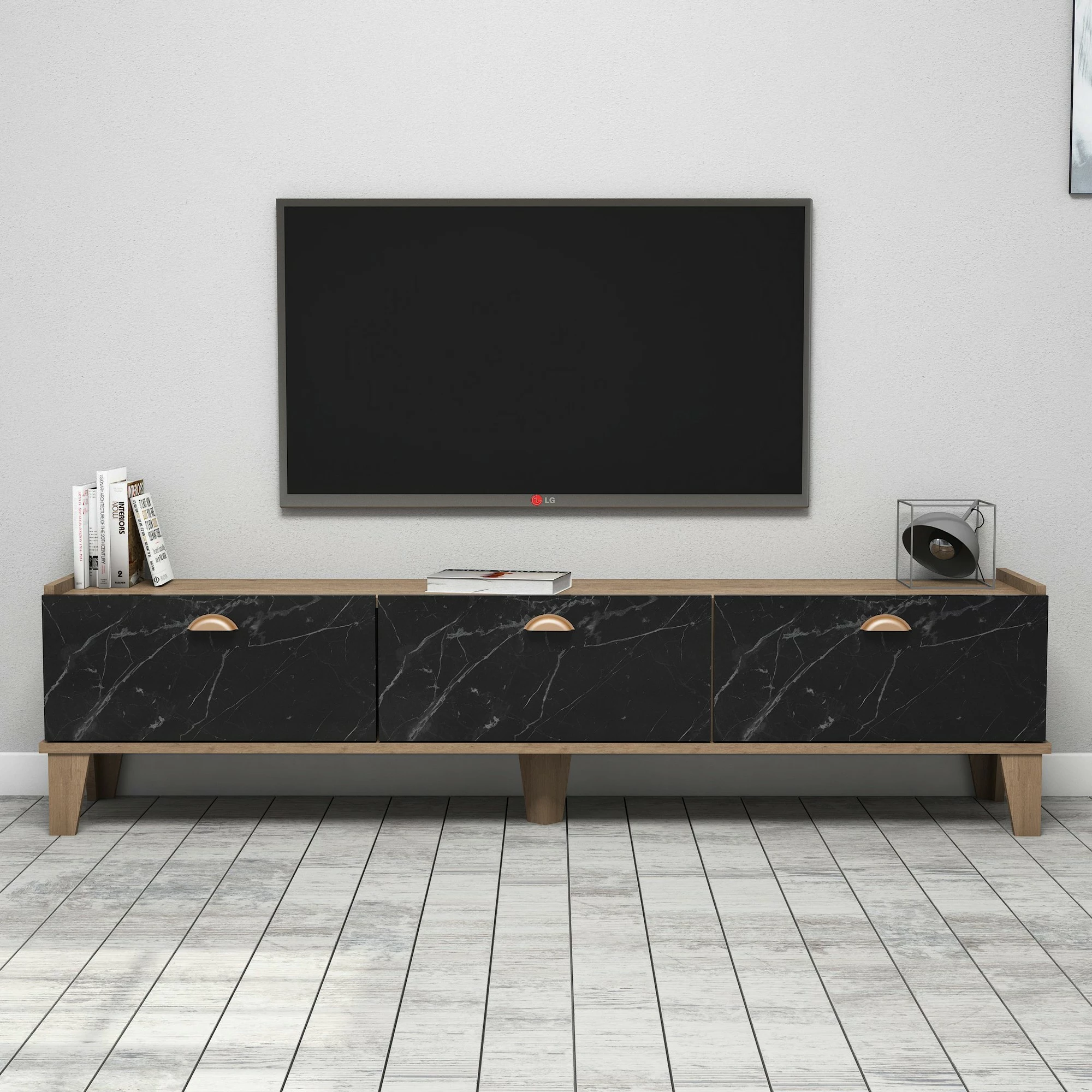 Komodë TV Skye Decor, ngjyrë lis dhe mermer, Sumer E3630