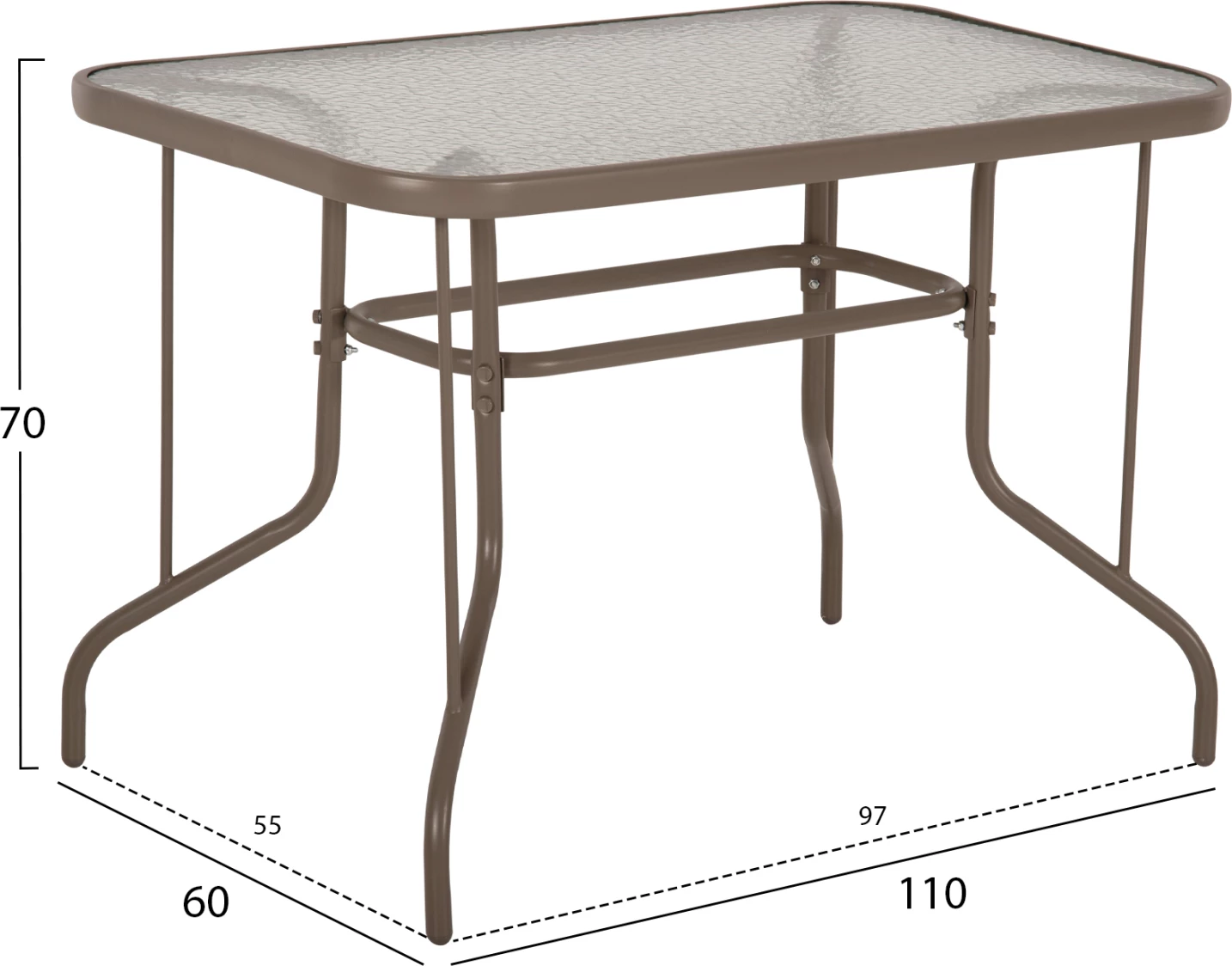 Tavolinë metalike për jashtë ADAM, ngjyrë shampanjë, me sipërfaqe xhami të forcuar, 110x60x71H cm
