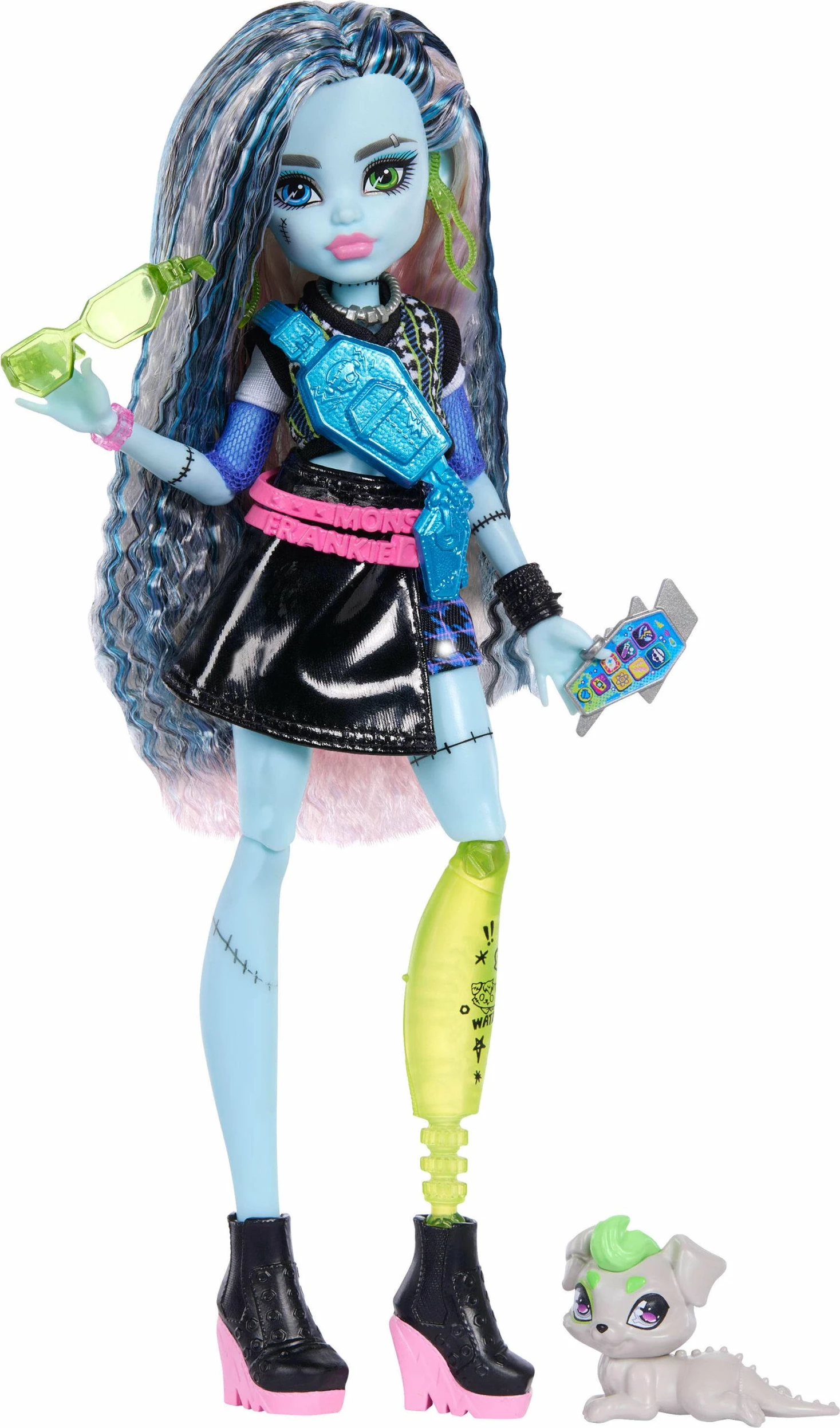 Kukull Mattel Monster High Frankie Stein JHK31, 28.5 cm, me qenush Cotoś dhe aksesorë, shumëngjyrëshe