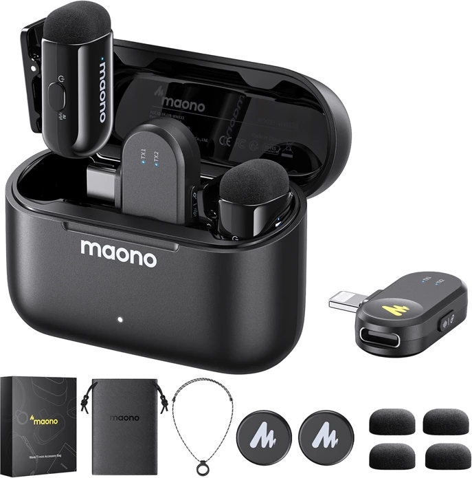 mikrofon wireless Maono WM622 PBC2 me 2 transmetues, marrës Lightning & USB-C, 48kHz/16-bit, reduktim zhurme me AI, deri 100 m, kuti karikimi, e zezë