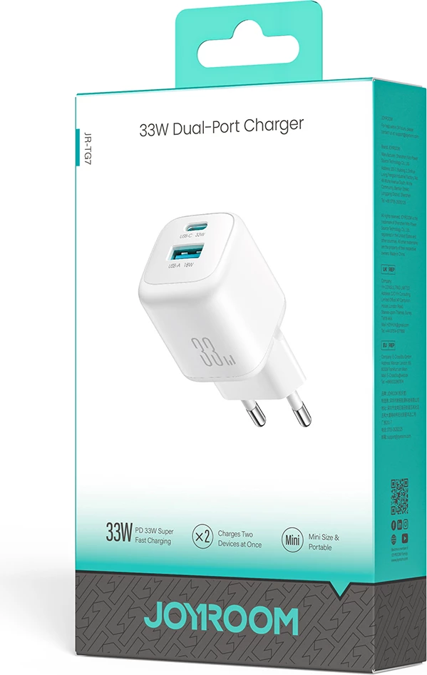 Karikues muri Joyroom JR-TG7 33W USB-A + USB-C (EU) i bardhë