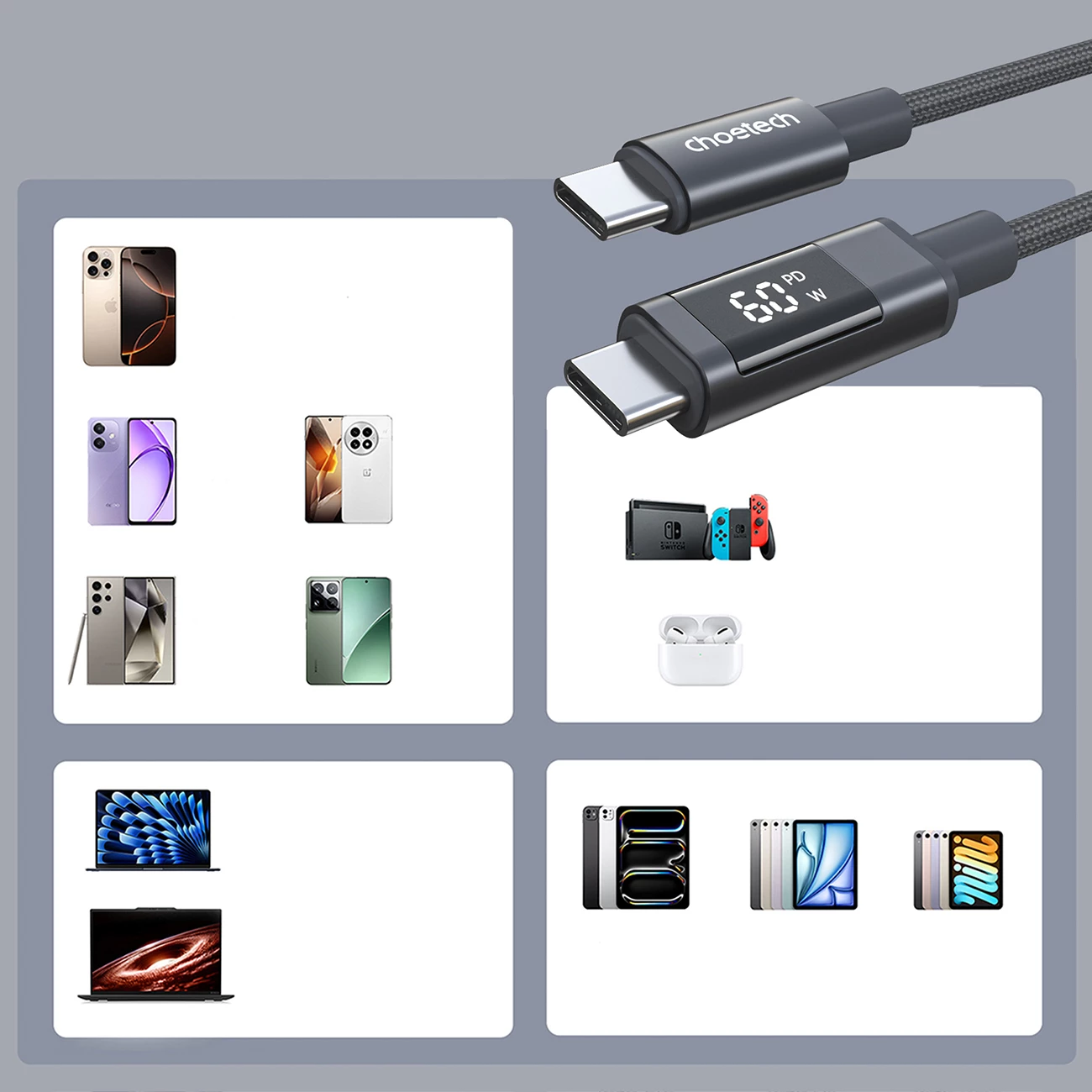 Kabllo USB-C në USB-C Choetech XCC-1068 PD 60W 1.2 m me display, e zezë