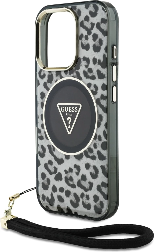 Mbështjellës Guess HC IML Leopard Triangle Cord Strap për iPhone 16 Pro, MagSafe, Zi