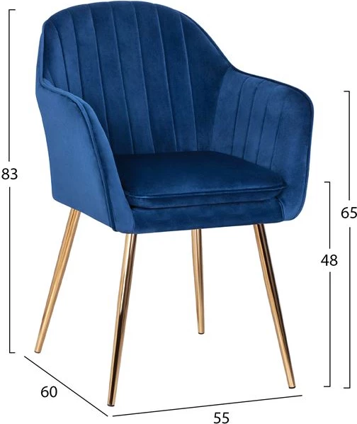 Karrige me krahë Sawyer FH8523.08 nga kadife blu me këmbë ari 55Χ60Χ83cm, set prej 2 copë