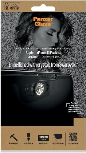 Xham mbrojtës PanzerGlass E2E Microfracture me mbulesë kamere dhe kristal Swarovski për iPhone 13 Pro Max, Kornizë e zezë