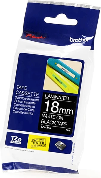 Shirit etiketues i laminuar, Brother, TZe-345, 18 mm 8 m, bardhë mbi të zezë