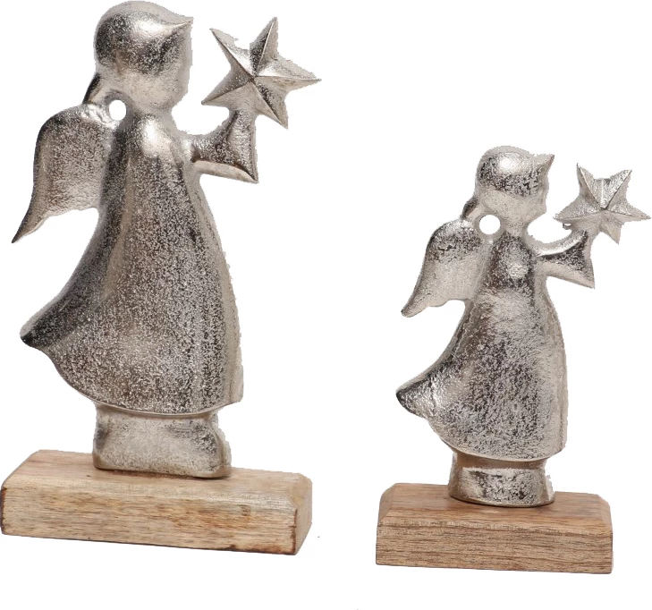 Dekor për Krishtlindje, engjëll me yll, alumin argjendi, dru mango natyral, 5x10x18cm