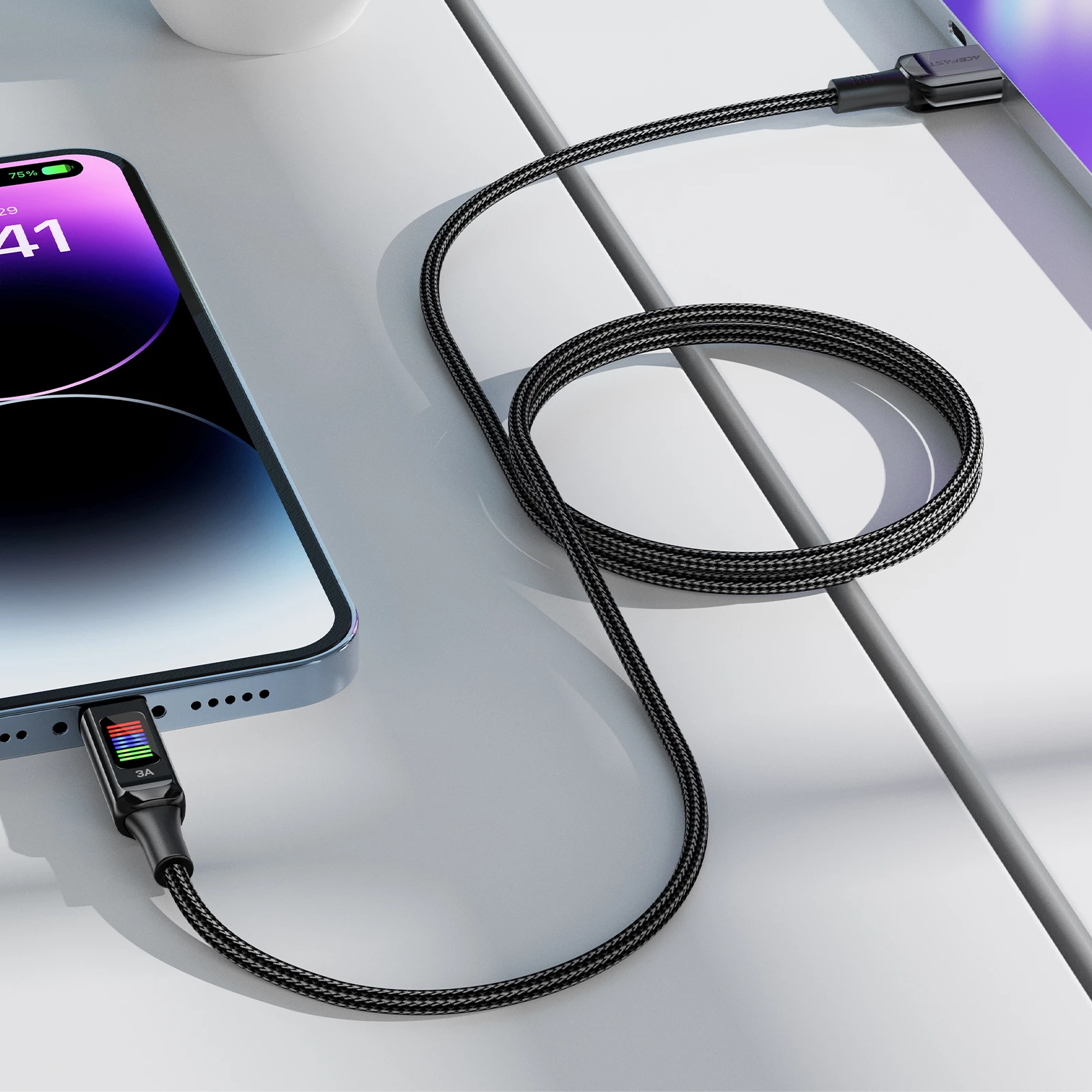 Kabllo Acefast C7-04 USB-A në USB-C, 1.2m, 60W, me ekran, e zezë