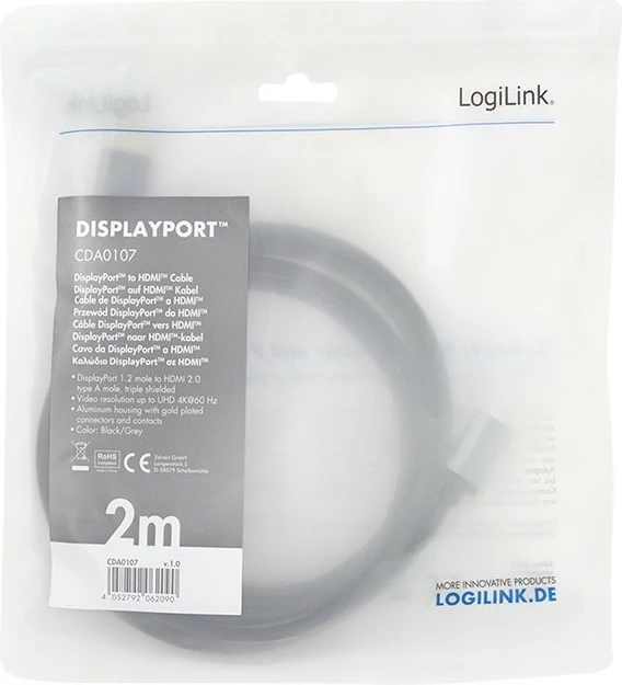 Kabllo DisplayPort në HDMI LogiLink CDA0107, 2m, e zezë/argjendtë