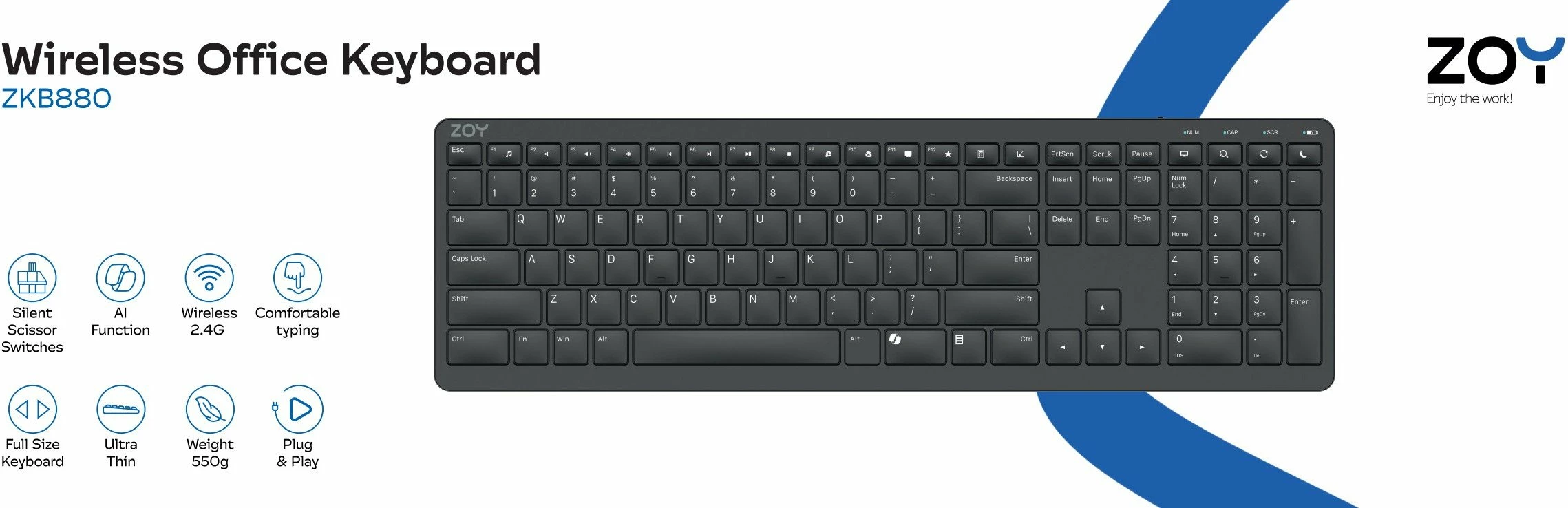 Tastierë wireless ZOY ZKB880 2.4GHz, US layout, 111 tasta, Scissor, e zezë