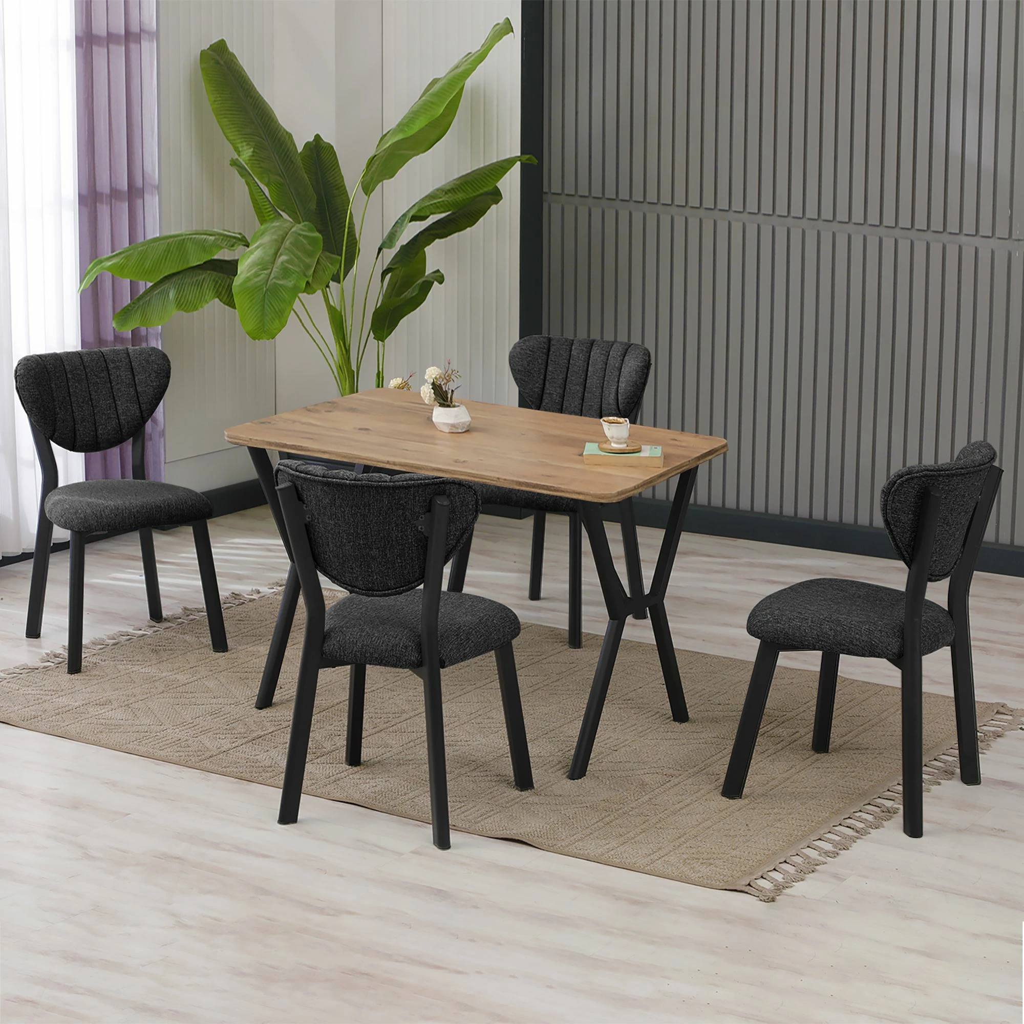 Set tavolinë me karrige për ngrënie, zgjatues, Skye Decor, elma-antracit, arrë, 5 copë