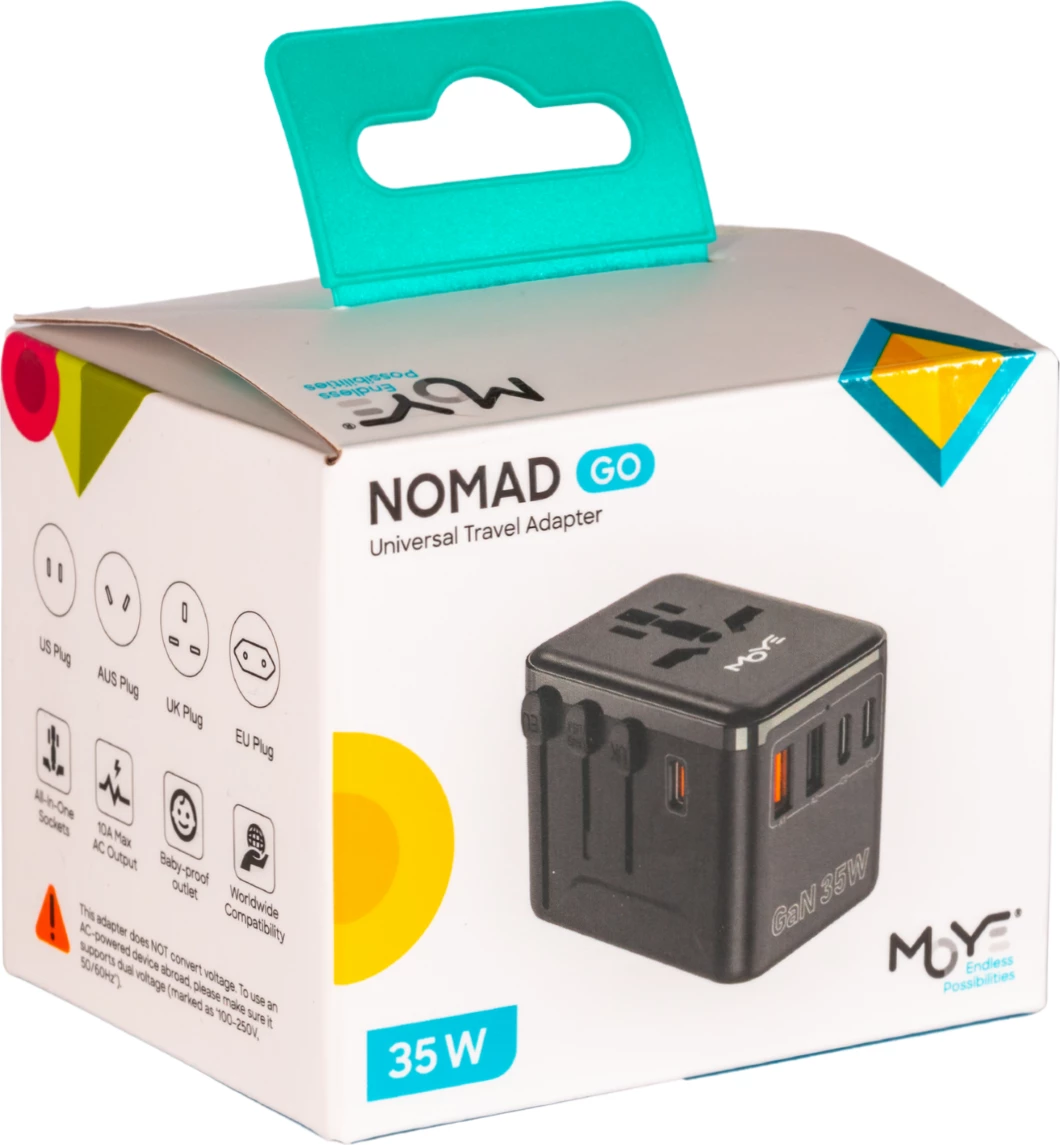 Adapter universal udhëtimi Moye Nomad Go GaN 35W PD, 3x USB-C + 2x USB-A, EU/UK/US/AU, i zi