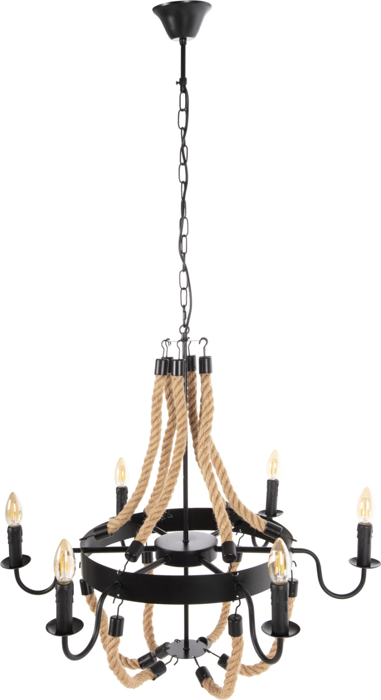 Llambë varëse tavani FH4177 6-drita me litar dhe metal të zi 74x74x123Hcm