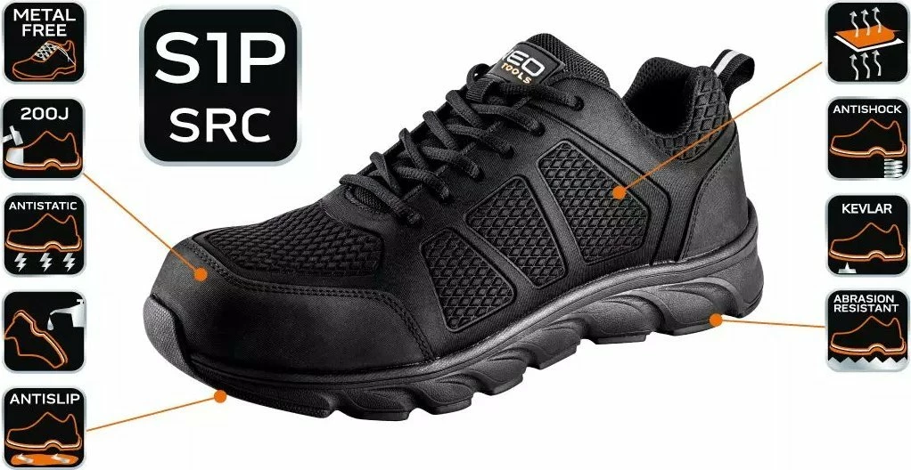 Këpucë pune Neo S1P SRC, majë kompozite, shollë Kevlar, nr. 43, të zeza