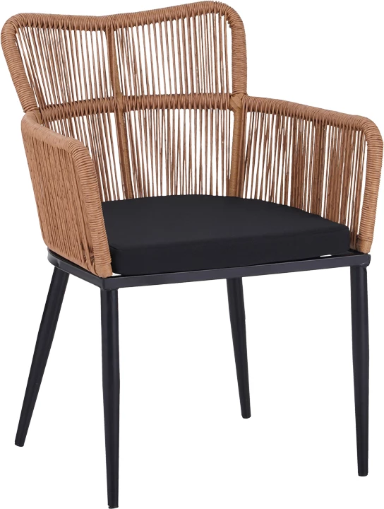 Karrige Naoki Pakoworld pe rattan -metal, përfundim natyral, këmbë/jastëk të zi, 59x62.5x78cm