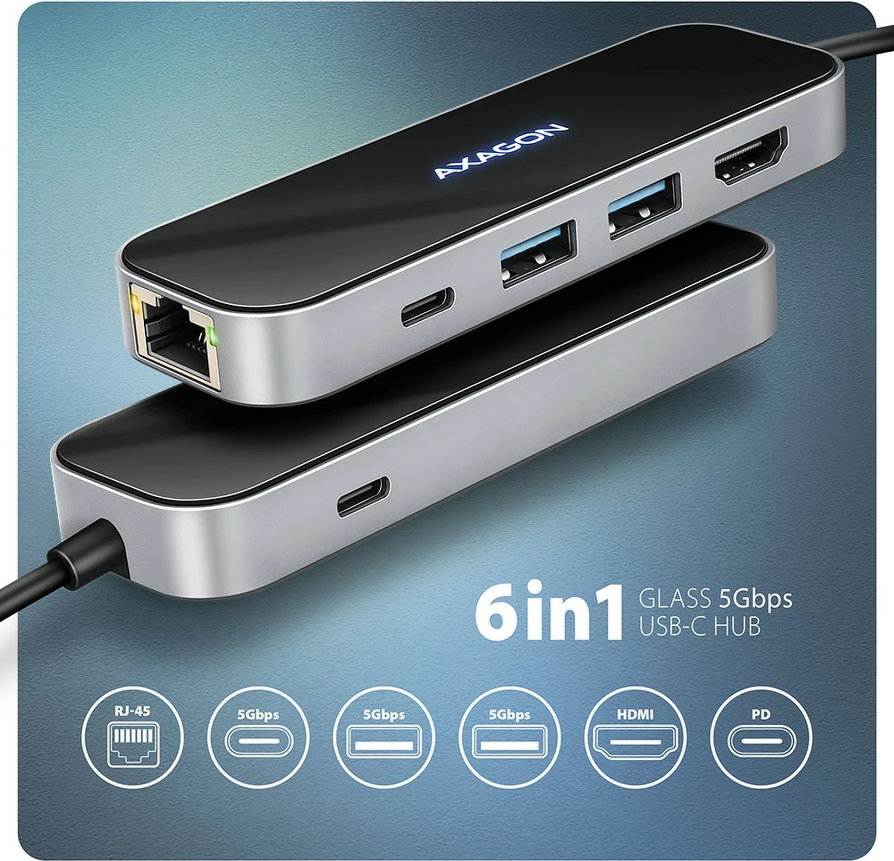 Hub USB-C 6-në-1 AXAGON HMC-6GLN, 5Gbps, 2xUSB-A, 1x USB-C, GLAN, HDMI 4K/60Hz, PD 100W, 20cm, zi/argjendtë